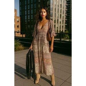 Lily Rose Womens Maxi Dress XL Boho Floral Patch Print V Neck Short Sleeve Lined